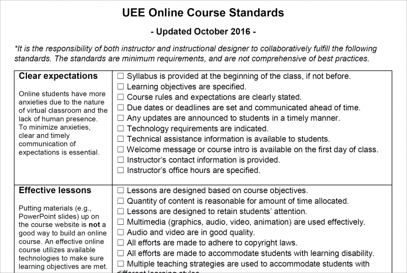 Screenshot of an online course standards created for CSUF Extended Education